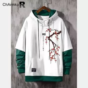 ChArmkpR Мужские лоскутные топы с принтом на шнуровке и повседневные свитера с капюшоном S белый