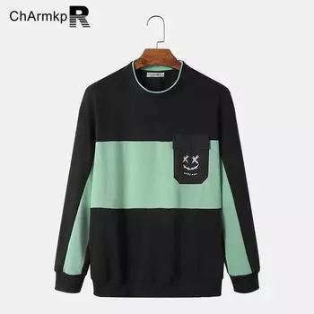 ChArmkpR Мужские осенние лоскутные пуловеры с круглым вырезом и длинными рукавами с принтом S зелёный