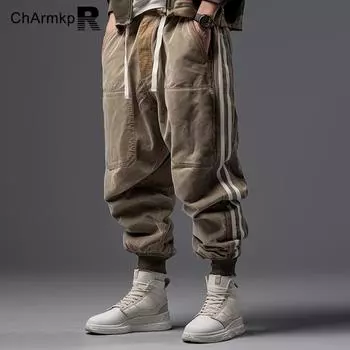 ChArmkpR Мужские повседневные шаровары в полоску с эластичной резинкой на талии S коричневый