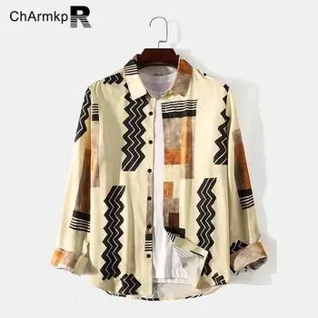 ChArmkpR Мужские повседневные топы с длинными рукавами и лацканами с геометрическим принтом