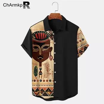 ChArmkpR Мужские рубашки с отложным воротником и пуговицами в стиле пэчворк с цветочным принтом, топы