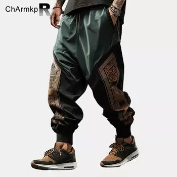 ChArmkpR Мужские шаровары с винтажным этническим узором в стиле пэчворк и завязками на талии
