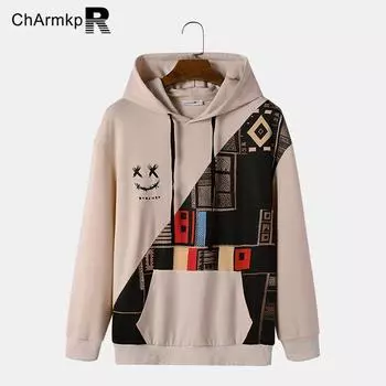 ChArmkpR Мужские толстовки с этническим геометрическим принтом в стиле пэчворк, топы на шнуровке, пуловеры S хаки