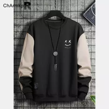 ChArmkpR Мужские толстовки с длинными рукавами и принтом в стиле пэчворк S темно-синий