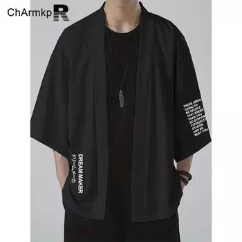 ChArmkpR Мужские топы с буквенным принтом и рукавами 3/4, кимоно-кардиган с открытой передней частью S чёрный