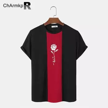 ChArmkpR Мужские топы с цветочным принтом и короткими рукавами в стиле пэчворк с круглым вырезом S красный