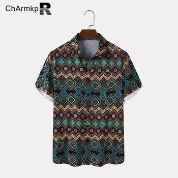 ChArmkpR Мужские топы с короткими рукавами в этническом стиле с геометрическим принтом и лацканами