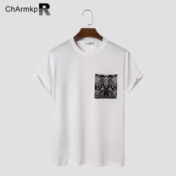 ChArmkpR Мужские топы с круглым вырезом и короткими рукавами с этническим принтом, летние футболки S белый