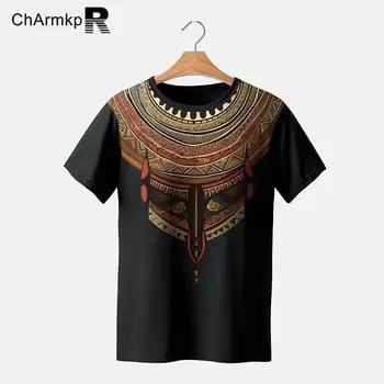 ChArmkpR Мужские топы с круглым вырезом и короткими рукавами с этническим принтом, летние футболки XL чёрный