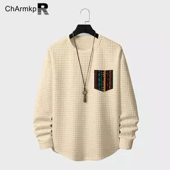 ChArmkpR Мужской пуловер с этническим геометрическим принтом и нагрудным карманом S белый