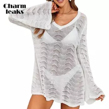 Charmleaks Бикини с вырезом и крючком Цветочный пляжный халат Юбка Женская с v-образным вырезом и длинными рукавами onesize белый