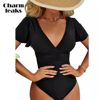 Charmleaks Цельные купальники для женщин Монокини с рукавами-трубами и v-образным вырезом и рюшами xl коричневый