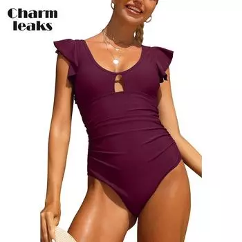 CHARMLEAKS Цельный купальник с глубоким V-образным вырезом и воланами, женский однотонный купальник с глубоким вырезом, пляжная одежда, купальный костюм XL темно-розовый