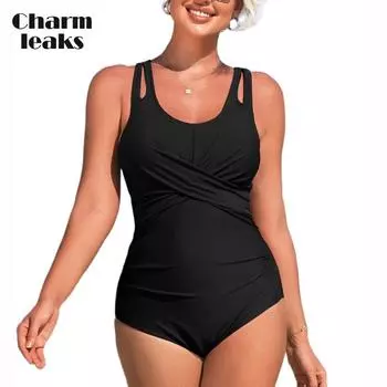 Charmleaks цельный купальник с контролем живота для женщин, купальные костюмы со рюшами, монокини с v-образным вырезом и бретелями XL чёрный