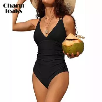 CHARMLEAKS Цельный купальник с контролем живота для женщин, купальные костюмы со рюшами, монокини с бретелями и V-образным вырезом S синий