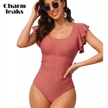 CHARMLEAKS Цельный купальник с контролем живота для женщин, купальные костюмы со рюшами, монокини с бретелями и вырезом лодочкой M розовый