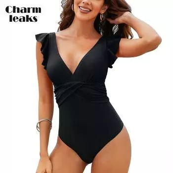 CHARMLEAKS Цельный купальник с рюшами и рукавами и V-образным вырезом, женский цельный купальный костюм с цветными блоками и рюшами на животе S