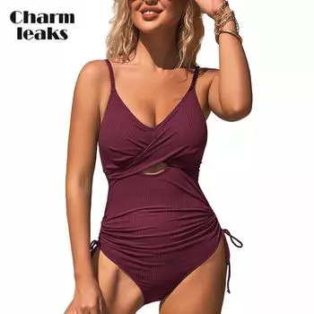 Charmleaks цельный купальник в рубчик, женский купальный костюм с завязками сбоку и высоким вырезом, сексуальный монокини с пуш-ап спереди, купальник M зелёный