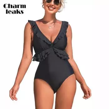 Charmleaks цельный купальник женский купальный костюм с воланами и V-образным воротником сексуальное монокини купальники S-XL