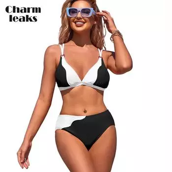 Charmleaks комплект бикини с высокой талией и рюшами женский комплект из 2 предметов с треугольными рюшами и рюшами купальники удлиненный треугольный купальный костюм S