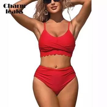 Charmleaks комплект бикини с высокой талией и рюшами, женский комплект из 2 предметов с рюшами и пуш-ап, удлиненный купальный костюм S