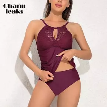 Charmleaks комплект из двух частей танкини для женщин, однотонный купальник в стиле ретро с V-образным вырезом и вырезом M красный