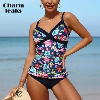 Charmleaks комплект из двух предметов танкини для женщин ретро винтажный цветочный принт с v-образным вырезом и высокой талией купальник L