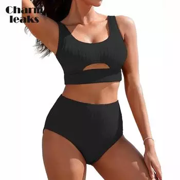 Charmleaks комплекты бикини в рубчик с высокой талией, женский купальник из двух предметов, сексуальный купальный костюм с вырезом и вырезом L красный