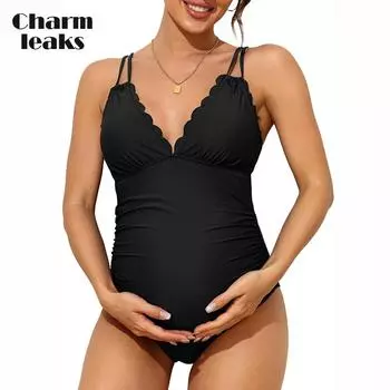 Charmleaks Купальник для беременных с отделкой гребешком Цельный купальный костюм для беременных с v-образным вырезом и рюшами Купальники с вырезом и завязкой на спине XL чёрный