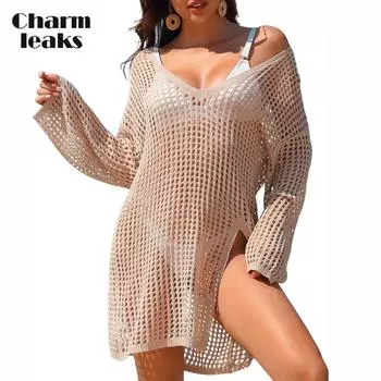 Charmleaks купальник накидка женские вязаные крючком топы с боковым разрезом купальный костюм бикини пляжные накидки свободный крой купальник платье L бежевый