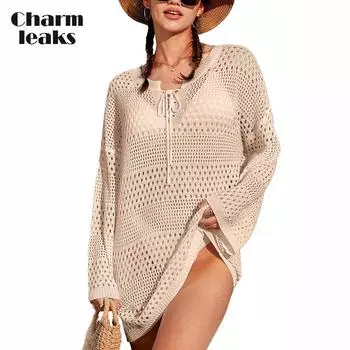 Charmleaks купальник накидка женское пляжное платье на шнурке с длинными рукавами вязаные крючком топы для плавания бикини купальный костюм накидки купальники L