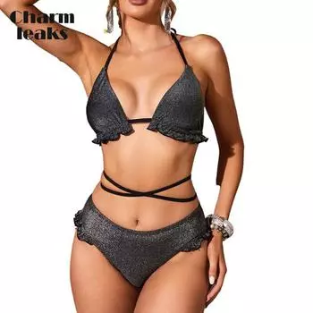 Charmleaks Купальники Женский комплект бикини с нормальной талией Сексуальные купальники на шнуровке из двух частей Купальники сплошного цвета с блестками