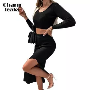 Charmleaks новая модная однотонная нить с длинным рукавом, сексуальная юбка с разрезом, комплект из двух предметов, s-2xl