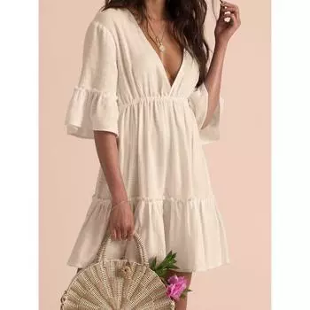 Charmleaks Новое хлопковое плиссированное платье с v-образным вырезом на шее и рукавами-раструбом на спине, пляжное солнцезащитное платье, праздничный короткий купальный костюм со халатом ONE SIZE чёрный