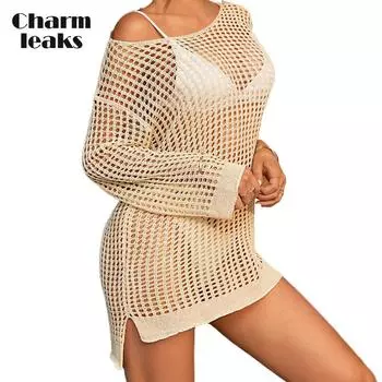 Charmleaks, однотонное бикини с вырезом и крючком, пляжная юбка-смок с цветочным узором, женская юбка с длинным рукавом onesize белый