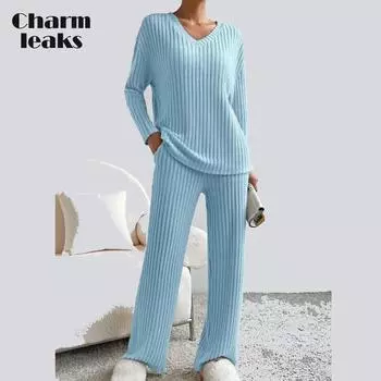 Charmleaks осенне-зимний новый модный повседневный комплект из двух предметов с прямыми брюками, свободный вязаный костюм с v-образным вырезом в полоску, s-xl