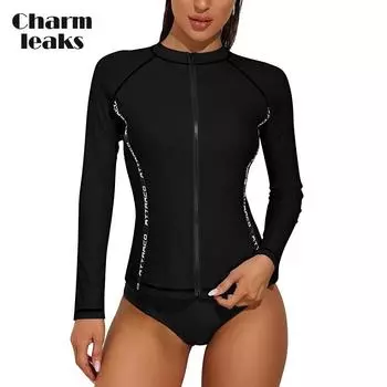 Charmleaks Rash Guard для женщин, купальники с длинным рукавом, застежка-молния спереди, принтованная купальная рубашка, защита от ультрафиолета UPF 50 чёрный