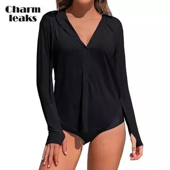 Charmleaks Rash Guard для женщин UPF 50+ Защита от солнца Одежда на пуговицах SPF Толстовка с капюшоном Пляжные рубашки S чёрный