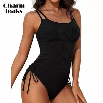 Charmleaks ребристый цельный купальник женский цельный купальный костюм с завязками сбоку Монокини с высоким вырезом сексуальные купальники L чёрный