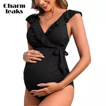 Charmleaks ребристый купальник для беременных с оборками и V-образным вырезом, завязками по бокам, трикотажный цельный купальный костюм для беременных, купальники с эффектом пуш-ап для женщин S чёрный