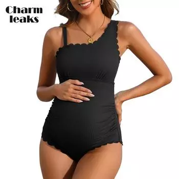 Charmleaks Scalloped One Shoulder Maternity Swimsuit Ribbed One Piece Pregnancy Ruched Bathing Suit for Women Swimwear 2025 S чёрный