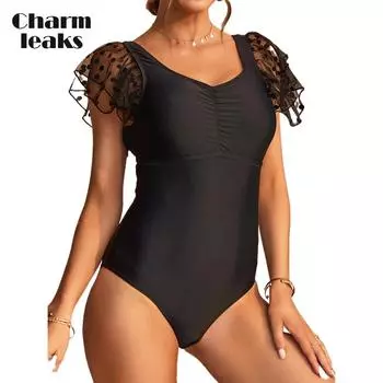 Charmleaks сексуальный костюм с v-образным вырезом, однотонный цельный купальник для женщин, купальный костюм с короткими рукавами Monkini L чёрный