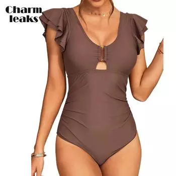 Charmleaks сексуальный однотонный купальник с v-образным вырезом, свободный цельный купальник с короткими рукавами для женщин, купальный костюм с двойными бретелями Monkini M коричневый