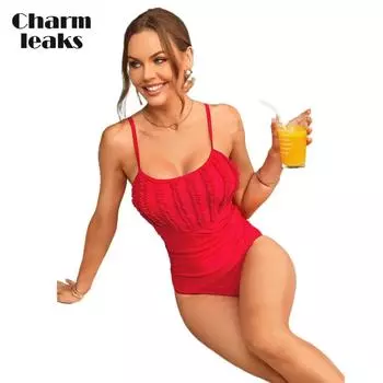Charmleaks сексуальный v-образный вырез однотонный кружевной цельный купальник для женщин двойной банный костюм на тонких бретельках Monkini l красный
