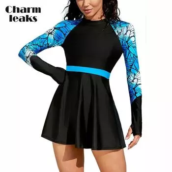 Charmleaks Скромные женские купальники из 2 предметов, платье для плавания с трусами, молния, UPF 50+, рашгард, платье с отверстиями для большого пальца M чёрный