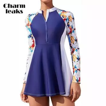 Charmleaks Скромные женские купальники из 2 предметов, платье для плавания с трусами, молния, UPF 50+, рашгард, платье с отверстиями для большого пальца M зелёный