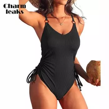CHARMLEAKS Сплошные купальники в рубчик для женщин, регулируемые завязки по бокам, купальные костюмы с контролем живота, монокини с высоким вырезом и подкладкой S чёрный
