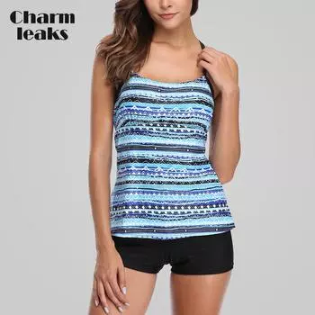 Charmleaks Tankini Set Женские купальники Леопардовые купальники Купальник с открытой спиной Пляжная одежда Бикини S темно-синий