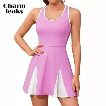 Теннисные платья Charmleaks для женщин с шортами, карманами и бюстгальтером, V-образным вырезом, юбкой-борцовкой и подолом, наряды для гольфа XS цвет морской волны