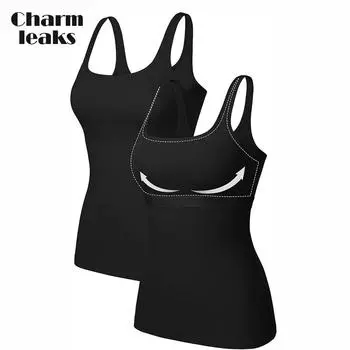 CHARMLEAKS Топы-майки Shelf Bra для женщин с квадратным вырезом, топы для тренировок, рубашка для йоги, хлопковая майка, 2 упаковки XXL